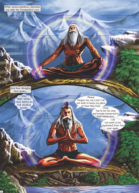 Guru Gobind Singh meditating at Hemkunt Sahib and talking to God. Illustration from Sikh Comics.