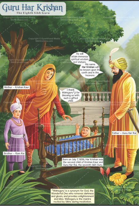 Guru Har Rai, the seventh Sikh Guru, and wife Krishan Kaur with Ram Rai and Har Krishan who later became the eighth Sikh Guru. Comics text is in English.