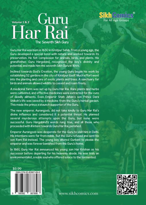 Illustrating Guru Har Rai with text narrating his life story.