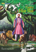 Cover of Sikh Comics book featuring a graphic representation of the Sikh guru Guru Har Rai, surrounded by animals and a vivid landscape.