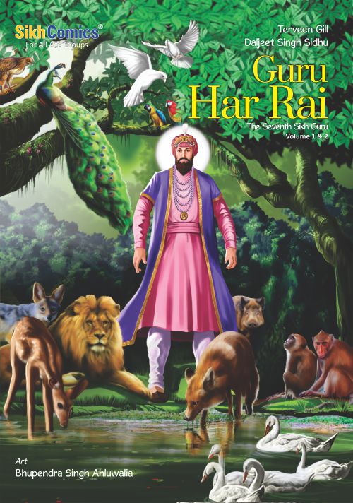 Cover of Sikh Comics book featuring a graphic representation of the Sikh guru Guru Har Rai, surrounded by animals and a vivid landscape.