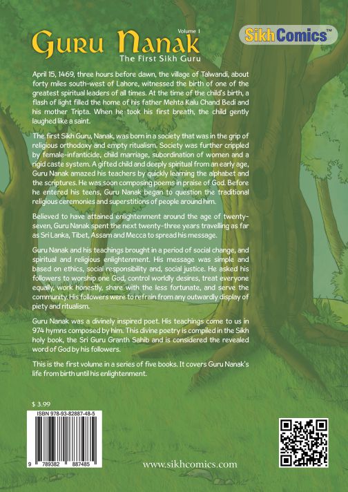 guru nanak dev ji sikh comics book back cover with description of Guru nanak's life and teachings in english text.