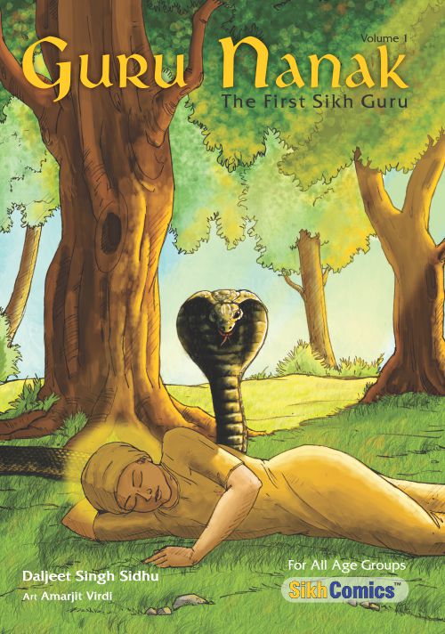 Cover of the graphic novel 'Guru Nanak - The First Sikh Guru' featuring illustrations of a serene tree under which Guru Nanak is lying down with a snake beside him. Text is in English.
