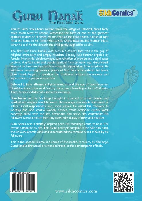 Guru nanak holding two pieces of bread. One oozing milk and the other blood. Image is super imposed with English text summarizing the life of Guru Nanak.