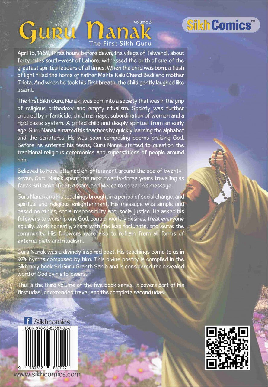 guru nanak with rosary in hand singing glory of God. part of the image has text in English summarizing Guru Nanak's life and teachings. 