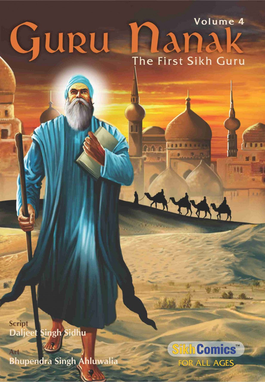  illustration of Guru Nanak in blue robes with a book, against a backdrop of a desert landscape with camels in the city of Mecca or Medina. Some text is in English.