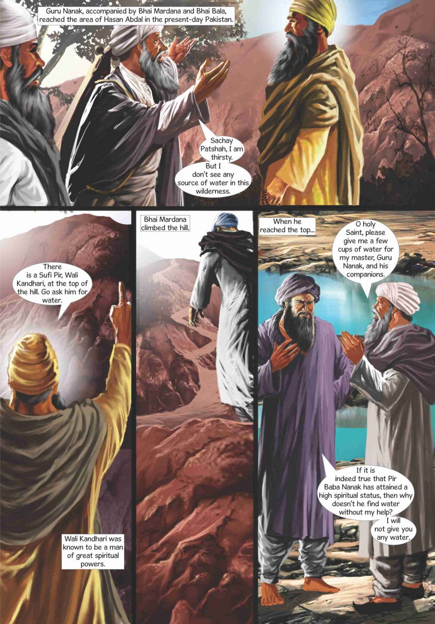 Guru Nanak near hassan abdal in pakistan. Mardana is requesting wali kandhari to give him water to drink. Wali Kandhari is challenging him to ask his Guru to take it with his spiritual powers. There are several comics panels with text in English.