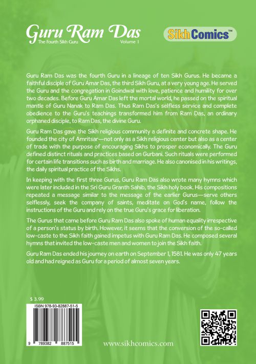 Guru Ram Das behind a green cover with his life history in English Text.