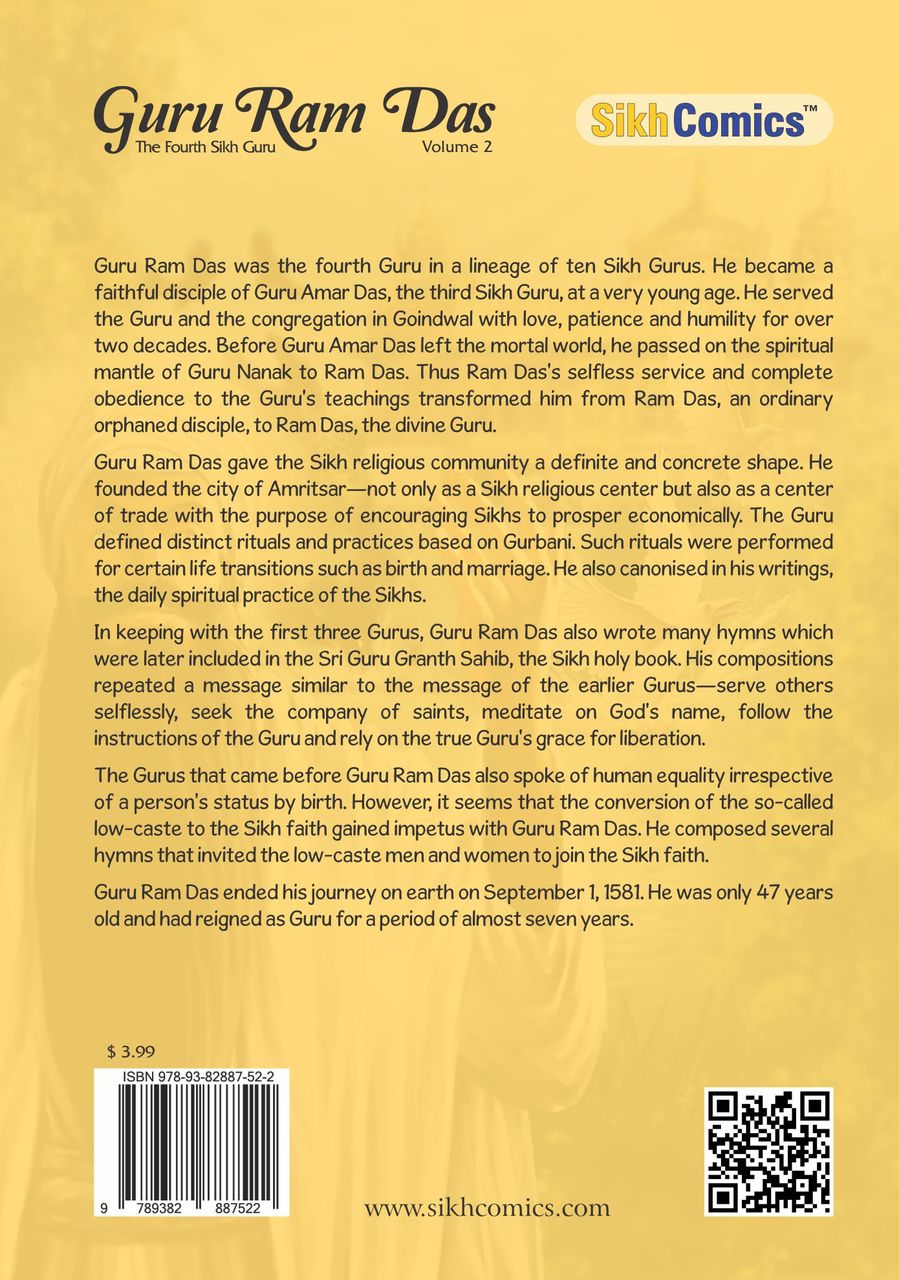 Guru Ram Das faintly visible. Text in English depicting his life history.