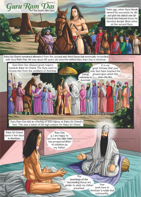 Baba Sri Chand is coming to see Guru Ram Das. Guru Ram Das is receiving him and they are discussing spiritual matters. Comics text is in English.
