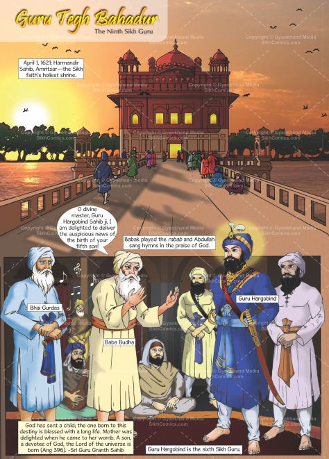 Guru Teg Bahadar Sikh Comics first page depicting Golden Temple Harmandir Sahib with Guru Har Gobind being informed about Tyag Mal's birth. 