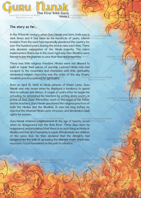 Guru nanak sikh comics volume 2 page illustrating conditions during his time with text explaining his journey from birth to enlightenment.
