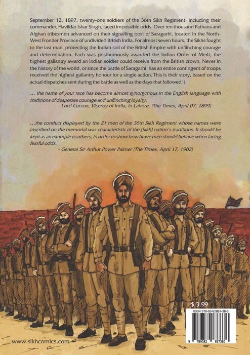 Back cover of Sikh Comics Battle of Saragarhi with sikh soldiers lining up and getting ready to take on the afghans. Text is in English