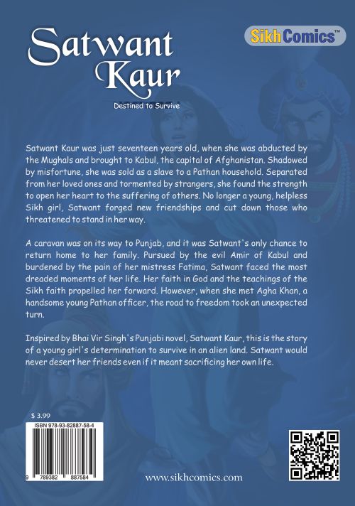 Satwant Kaur, the brave sikh woman, English Sikh comics back cover with text summary of the book.