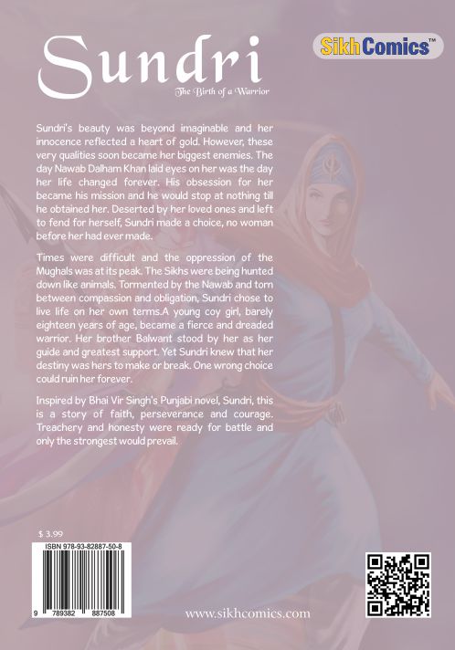 Sundri, a beautiful Sikh woman in Sikh attire. Text in English. Sikh Comics logo at the top of the page.
