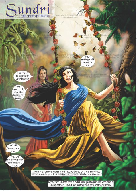 A beautiful Punjabi girl, Sundri, just got married. She is on a swing. Comics text is in English.