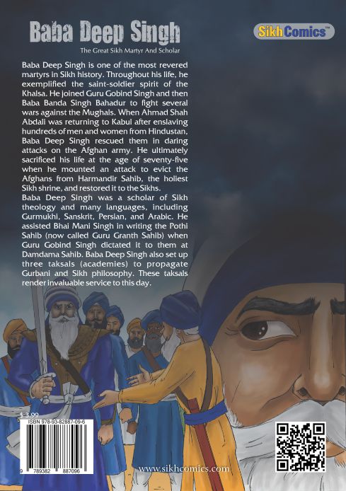 baba deep singh asking Sikhs to drive out the afghans from golden temple in amritsar. comic description on back cover in english