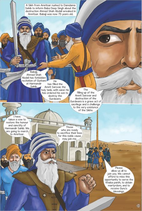 baba deep singh preparing to leave for amritsar to fight ahmed shah abdali to liberate harmandir sahib in amritsar.