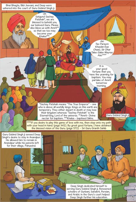 baba deep singh visiting guru gobind singh with his parents. In the next panel he is getting education from three learned men. Text is in English.
