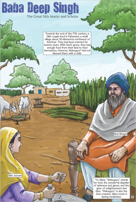 baba deep singh's parents sitting in page 1 of sikh comics. Text is in English.