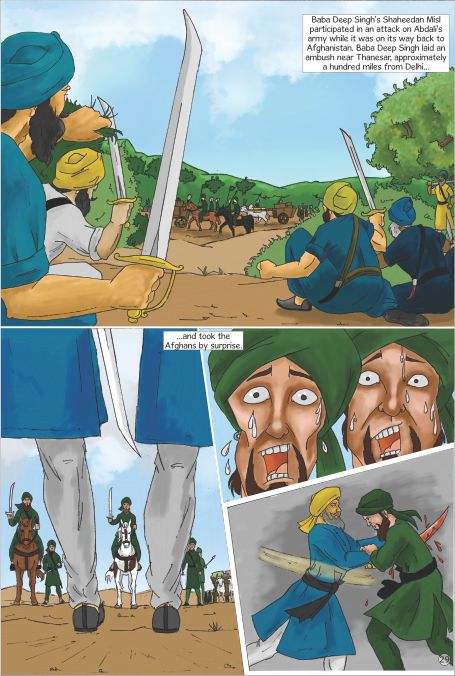 baba deep singh rescuing kidnapped women and men from the custody of ahmed shah abdali. Comic text is in English.