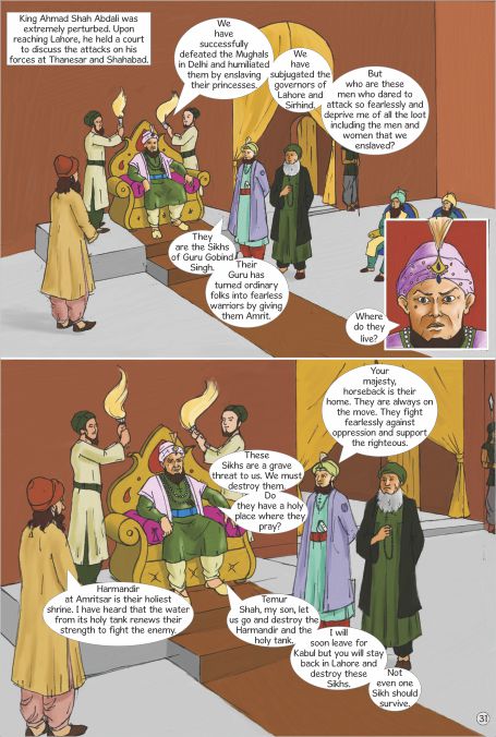 Ahmed shah abdali sitting in court and planning attack on golden temple harmandir sahib in amritsar. comic text is in english.
