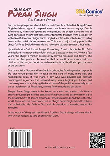 back cover of the book with English text explaining bhagat puran singh pingalwada's life and work to feed and take care of the needy. 
