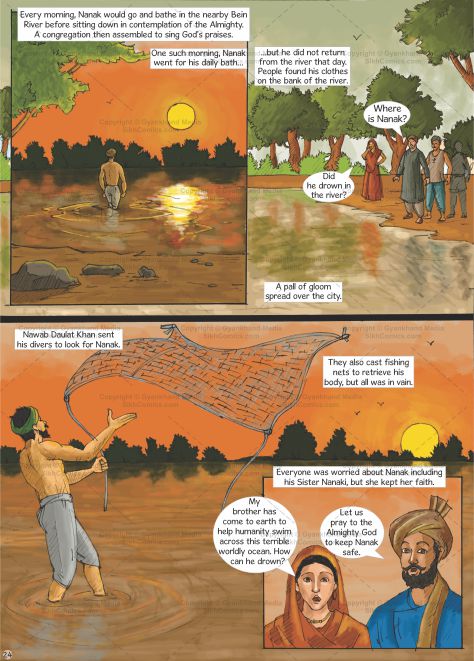 illustration showing disappearance of guru nanak in the river that was followed by his enlightenment. Most people thought he had drowned but his sister kept faith and hoped for his return. Comics text is in English.