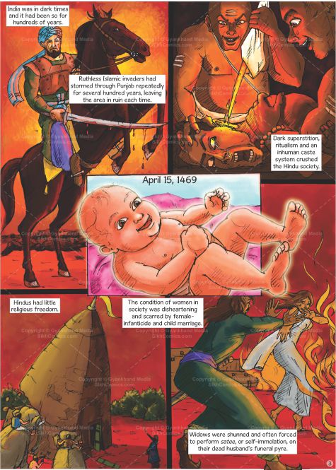 page 3 of guru nanak sikh comics showing the conditions  in society and country when guru nanak was born. Comics text is in English.
