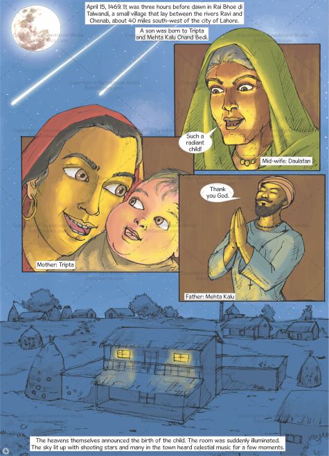 illustration showing the birth of guru nanak and the miracles that followed. Comics text is in English.