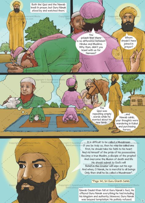 guru nanak joining the muslim ruler for namaz. He then explains what it takes to be a good muslim. Comics text is in English.