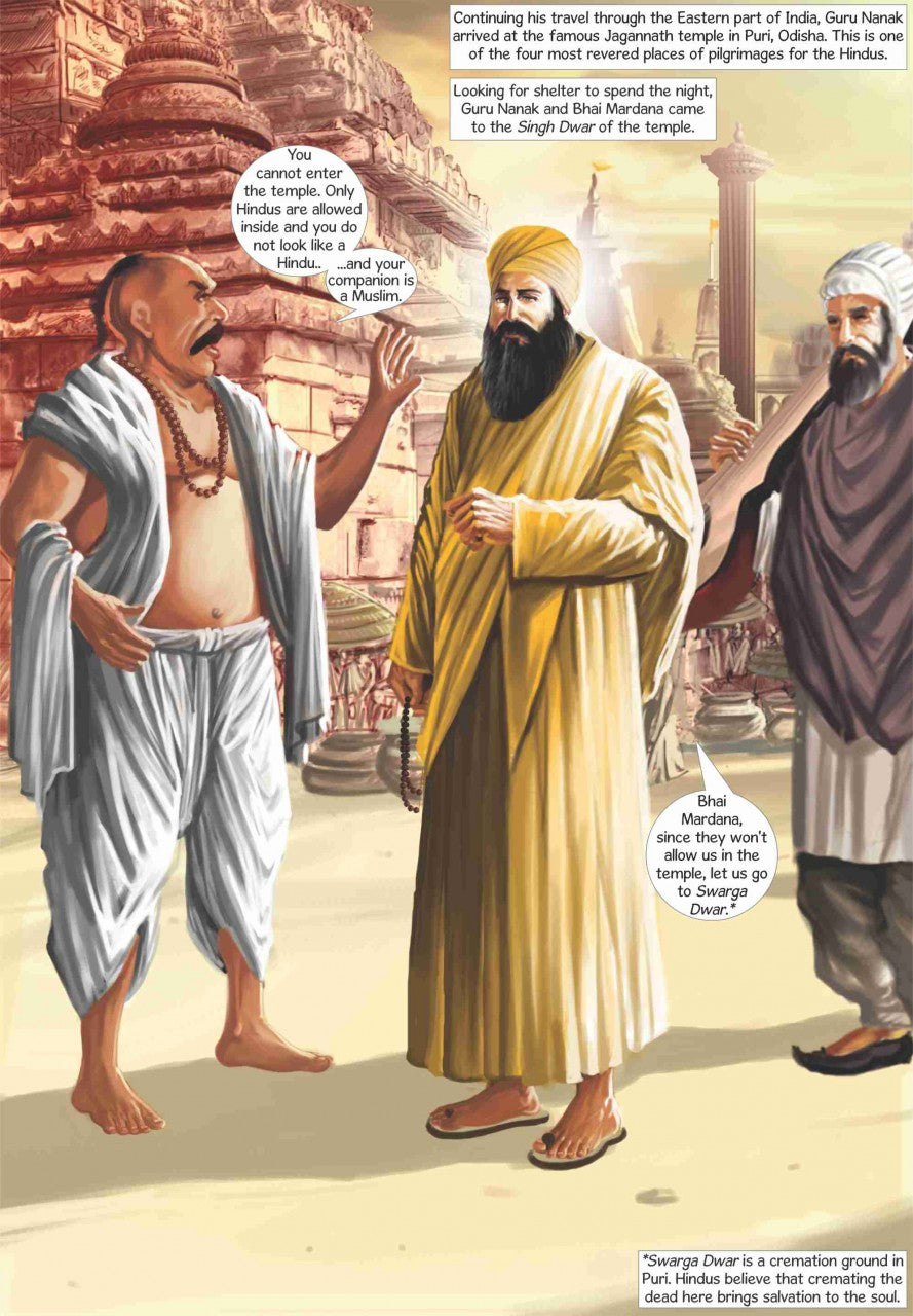 Guru nanak with his companion Mardana at the door of a temple at jagannath puri. Head of the Temple, a pandit, is denying entry to Guru Nanak and his companion. Text of the conversation is in English.
