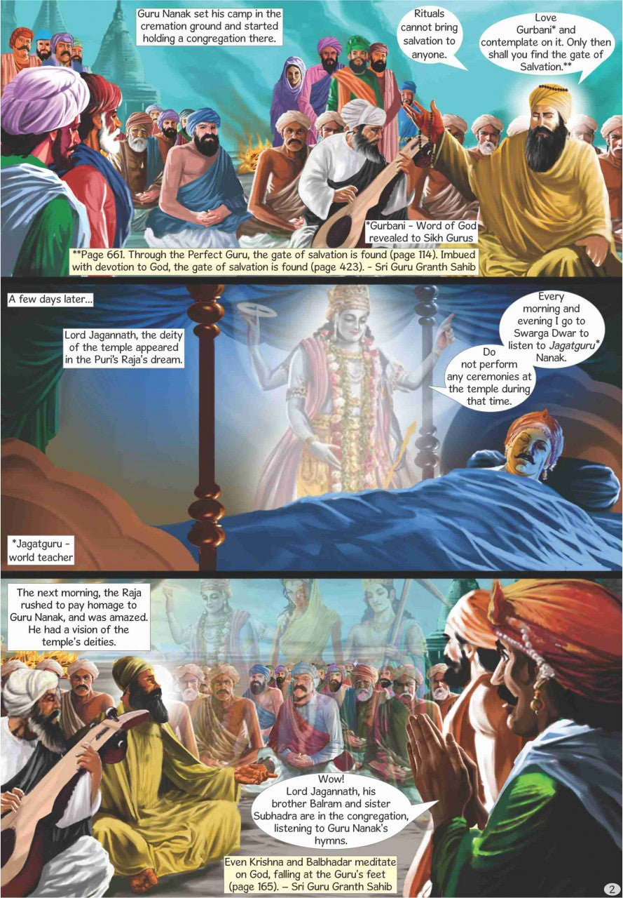 Guru Nanak is holding congregation at Puri. Mardana is playing the rabab. Lord Jagannath is appearing in the king's dream instructing him to pay homage to Guru Nanak. Text of the comic is in English.