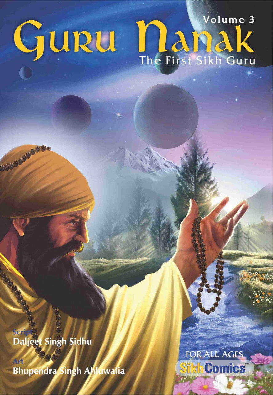Illustration of Guru Nanak with a cosmic background and a rosary in hand. He is shown singing the shabad gagan me thaal rav chand deepak baney. Text on the image is in English and Sikh Comics logo at the bottom.