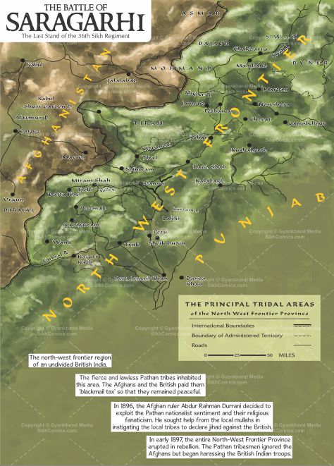 map of north west frontier province and punjab showing the area where battle of saragarhi took place.