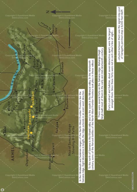 map of saragarhi range and showing forts of gulistan, saragarhi and lockhart. This is where the battle of saragarhi was fought in 1897.