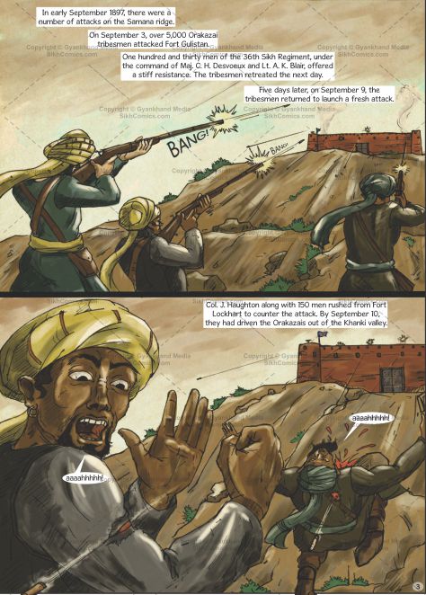 afghans attacking the saragarhi fort with sikh soldiers defending it with bravery during the battle of saragarhi in 1897. Comics text is in English.